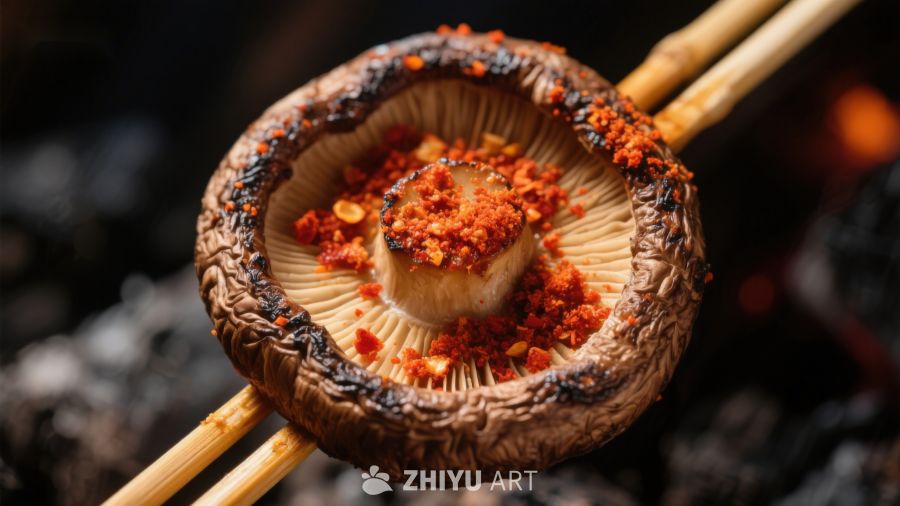 烤蘑菇配辣椒碎