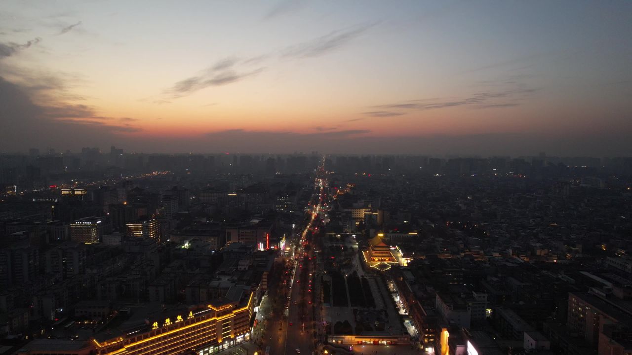 西安晚霞夜幕降临航拍