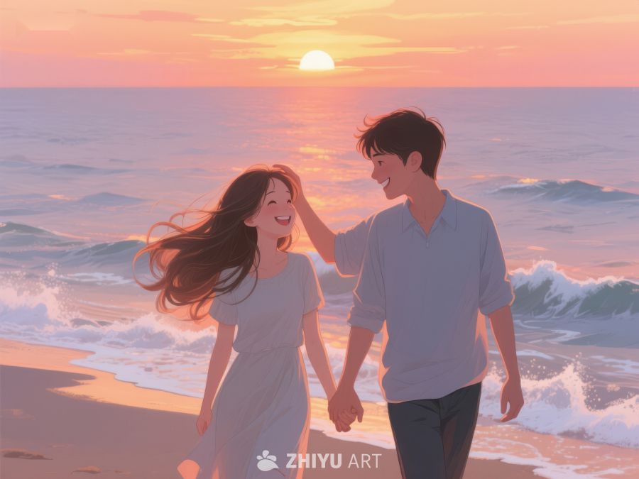 海边日落下的情侣漫步 215