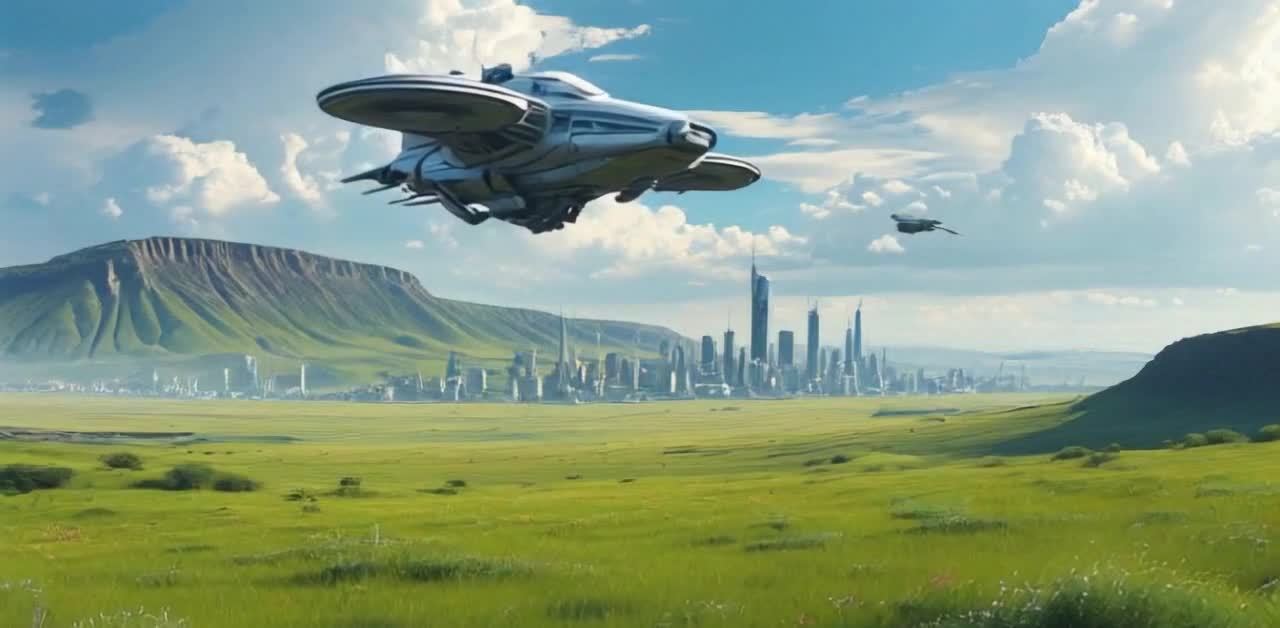 未来都市上空飞行器翱翔绿野