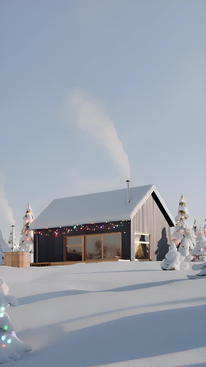 雪覆盖的小屋，冒着袅袅炊烟。彩灯闪烁着温暖的光芒，