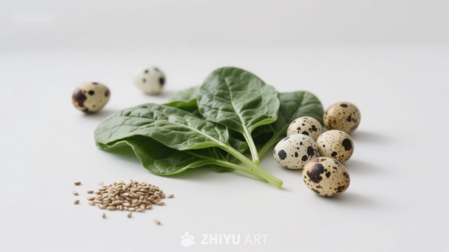 新鲜菠菜鹌鹑蛋与谷物