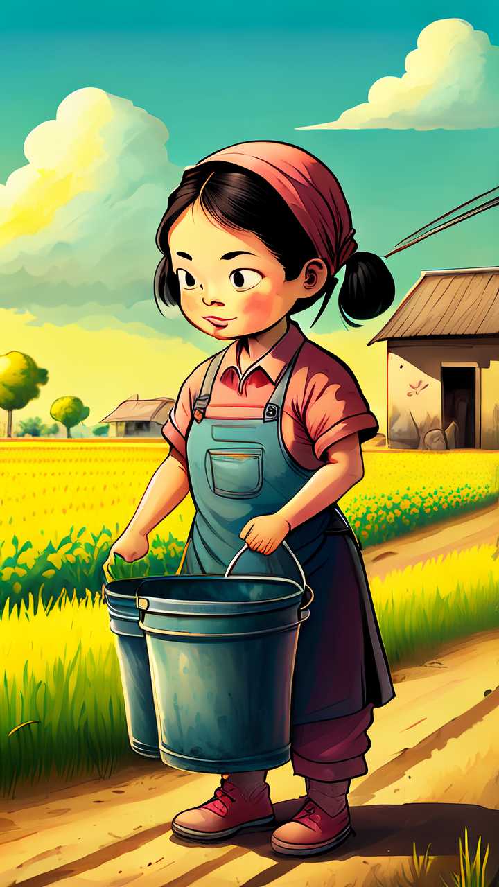 卡通孩子拿着水桶