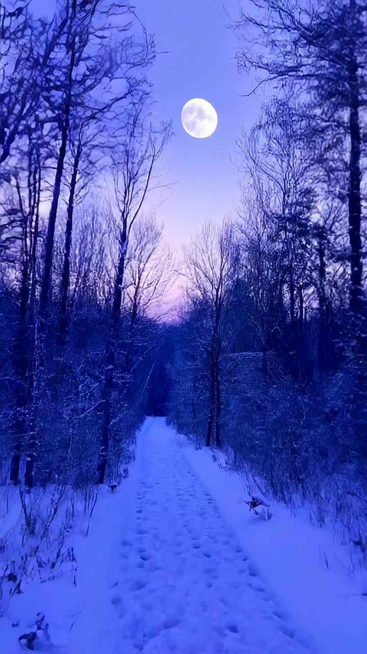 一条被雪覆盖的森林小路，在满月的冷光照耀下。光秃秃