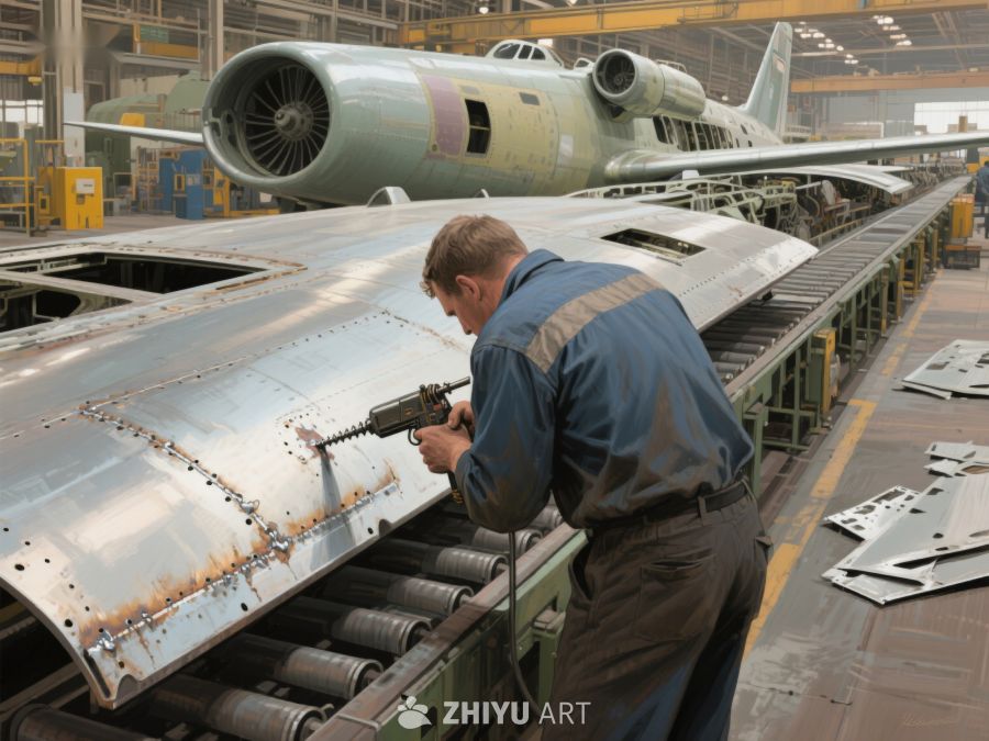 工人在飞机制造厂进行组装作业 100
