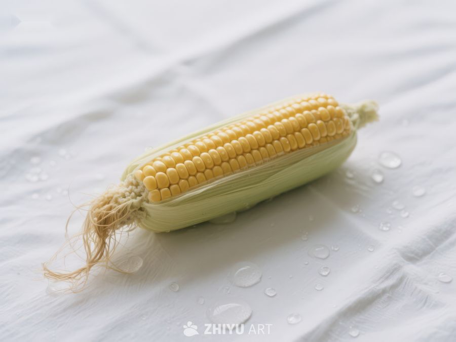 新鲜玉米棒静置白色布面 555