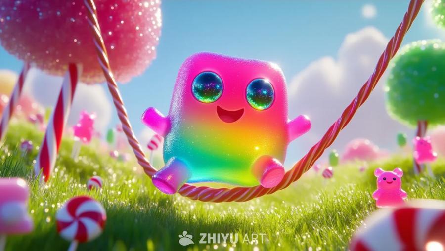 一个彩虹色的软糖生物坐在一个用甘蔗做成的秋千上，它