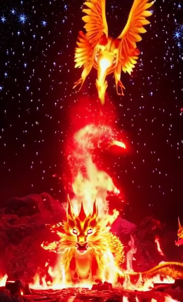 一只金色的凤凰在燃烧的火焰中飞翔。凤凰上方是红色的