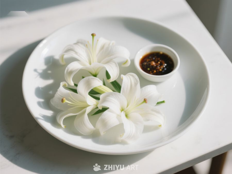 白色百合花与小碟酱料置于盘中 12