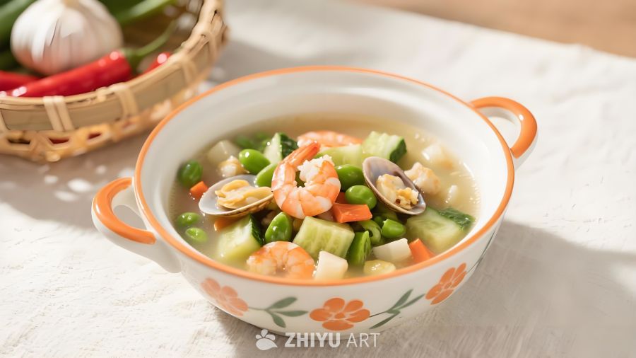 海鲜时蔬汤家常鲜炖菜彩釉汤煲汇聚鲜虾花蛤青豆黄瓜胡萝卜等食材