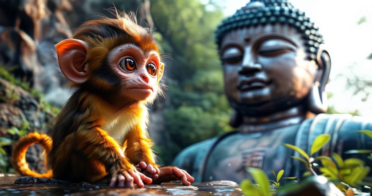 一只小猴子坐在水边，眼睛睁大，直视前方。一只巨大的