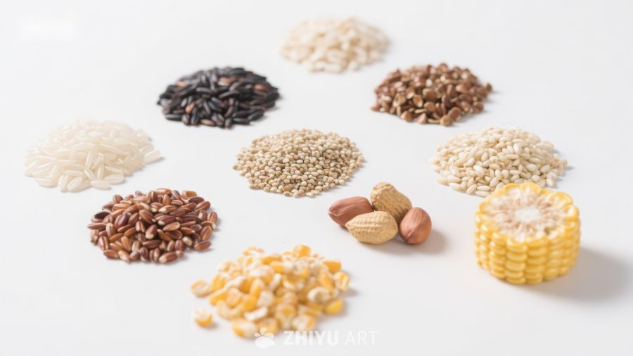 多种谷物与坚果的展示
