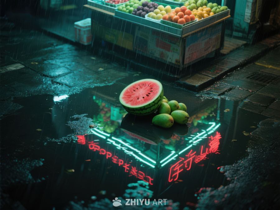 雨夜市场水果摊霓虹灯倒影 773