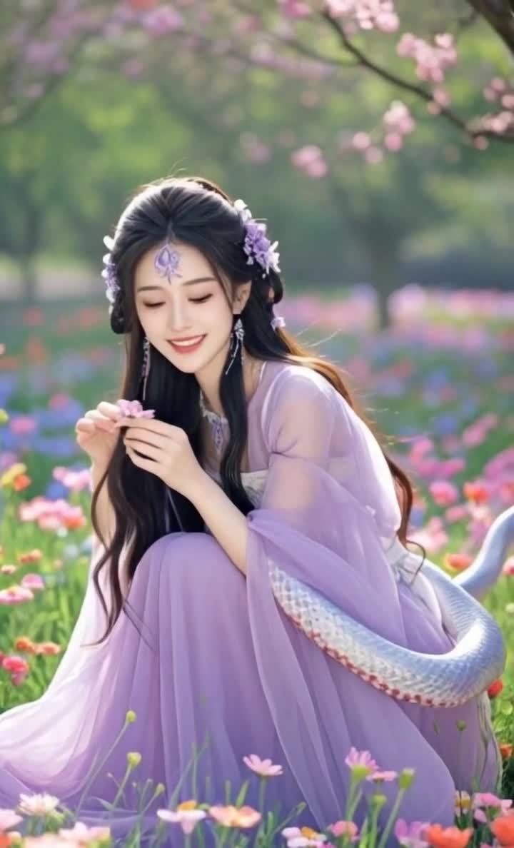 一名女子坐在开满鲜花的草地上。女子有一头黑色的长发