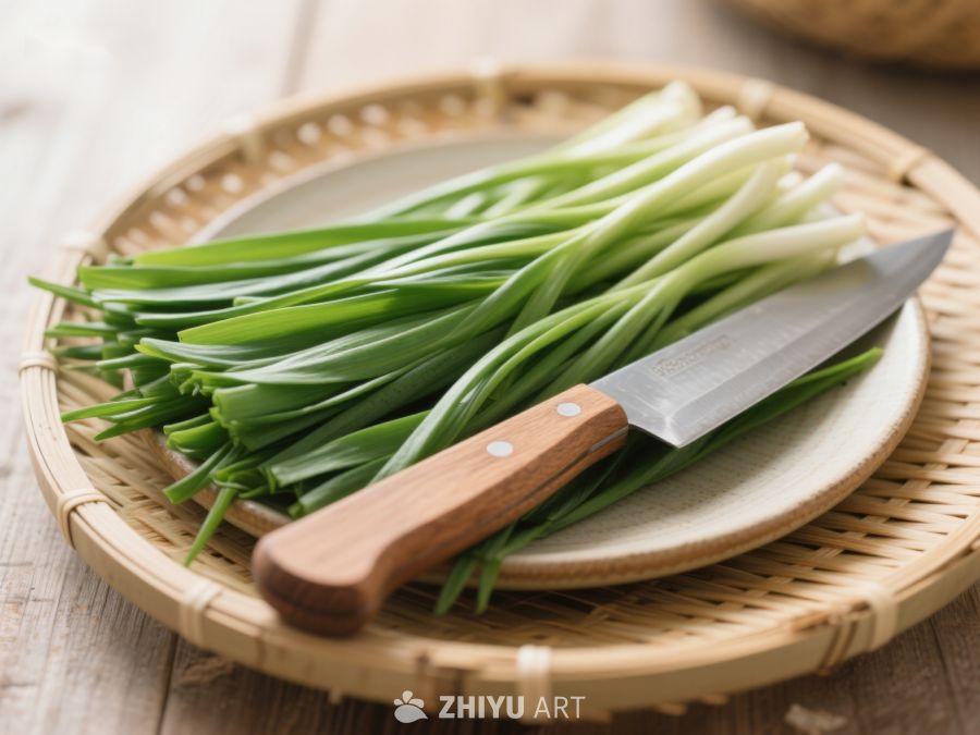 新鲜葱段与木柄刀置于竹篮 414