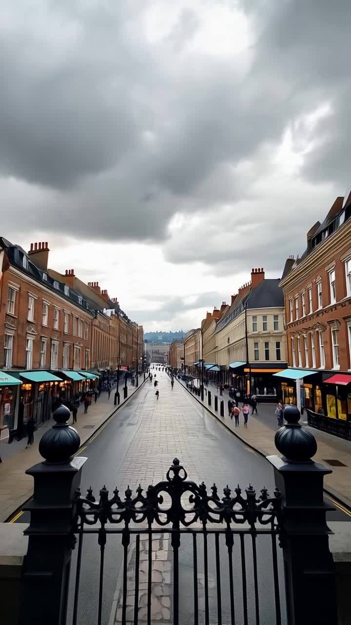 阴天笼罩着伦敦的街道，高空俯瞰着空旷的街道全景。稀