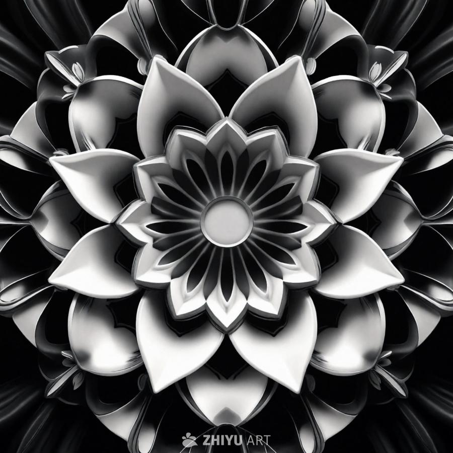 黑白壁纸上，一个3D花朵形状位于中心。花朵设计复杂