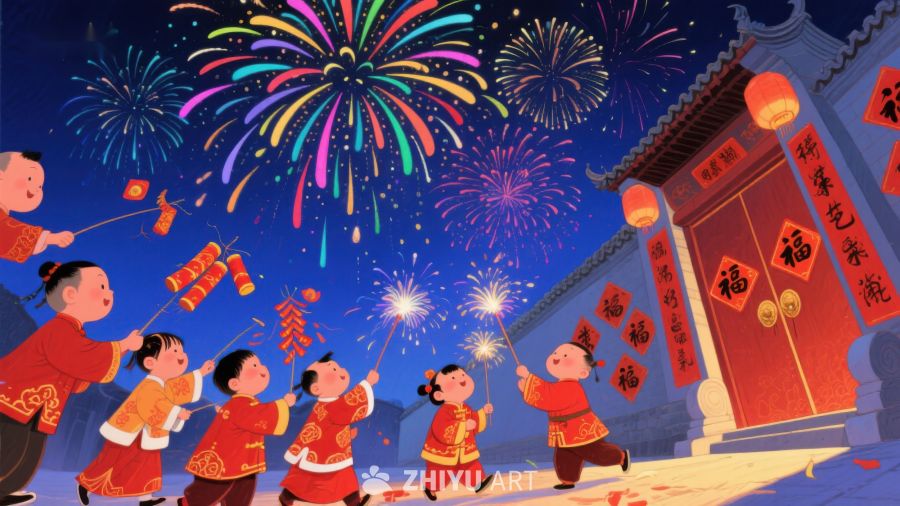 欢庆春节，孩童放鞭炮迎新年 345