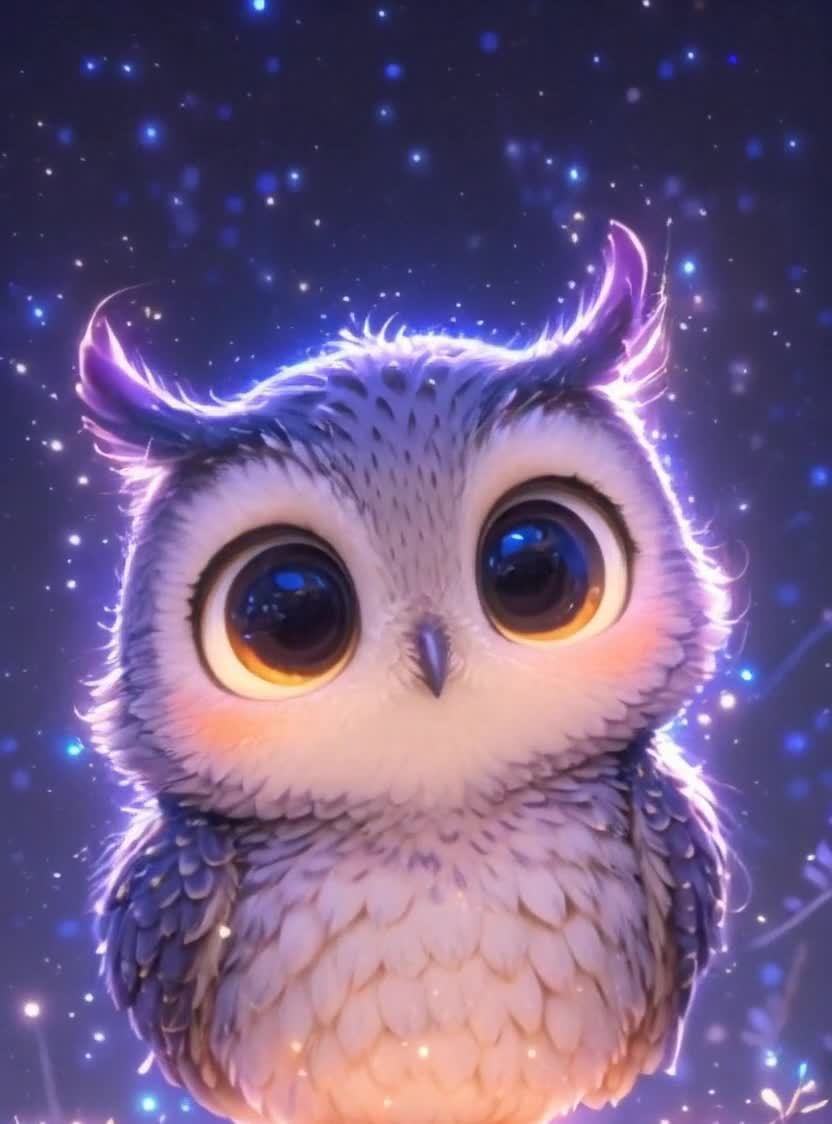 星空背景下的卡通猫头鹰，眼睛闪耀着梦幻光芒。