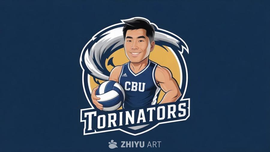 一名卡通风格的亚洲男子身穿印有“CBU”字样的海军