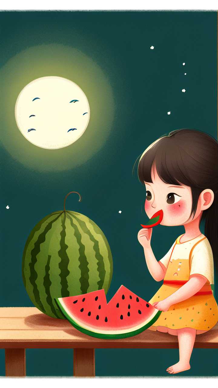 夜晚女孩吃西瓜插画