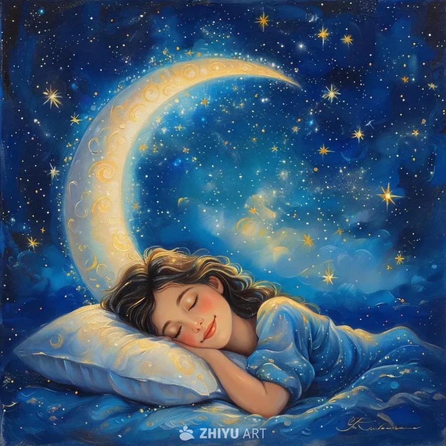 一个柔和的星夜天空，悬挂着一弯新月。一个面带微笑的