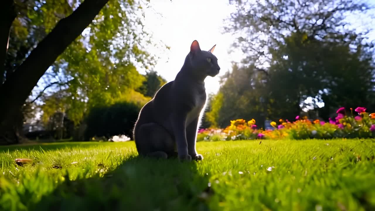 一只灰色的猫坐在公园里。阳光穿过树叶，在草地上投下
