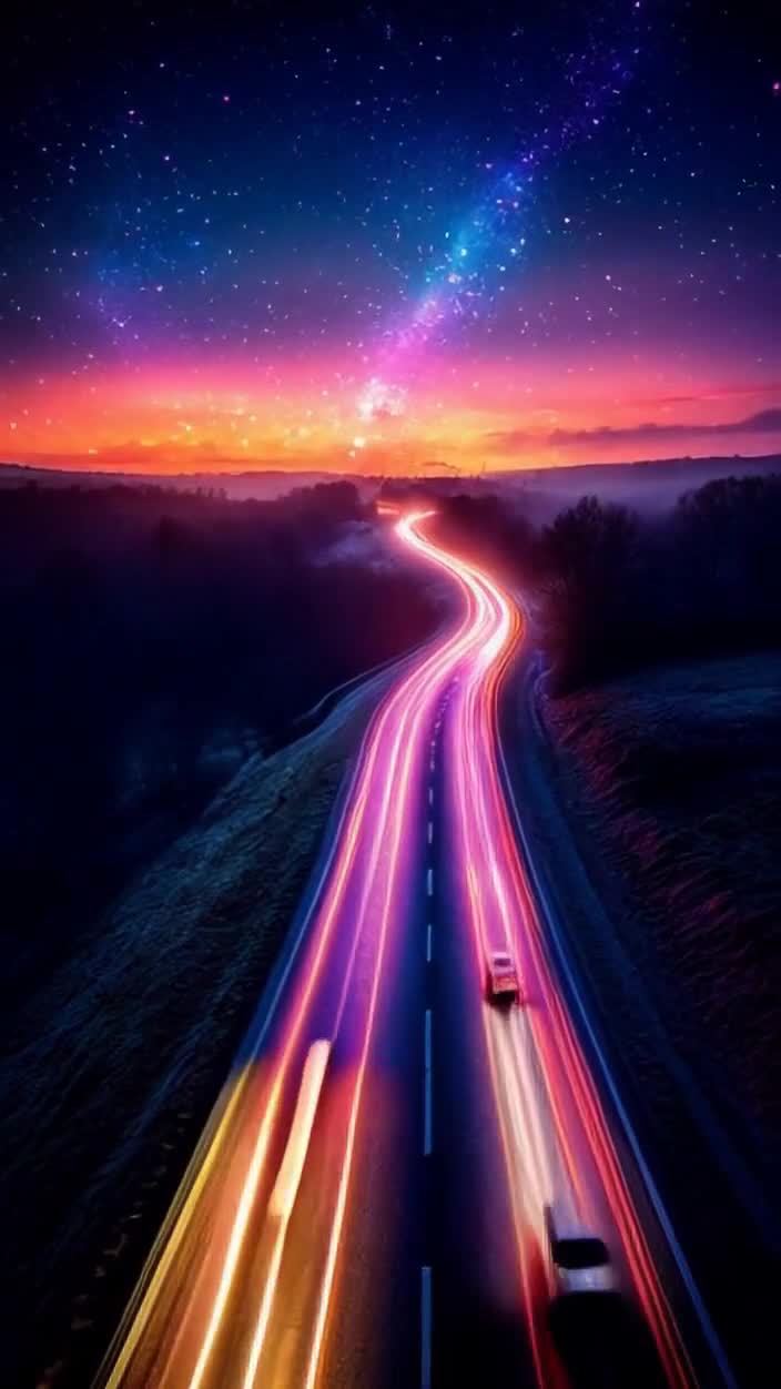 一条道路，两旁的树木和地表呈深蓝色调。道路上，车辆