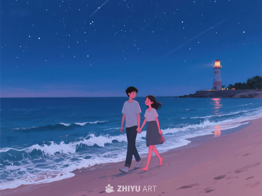 夜空下情侣海滩漫步 981