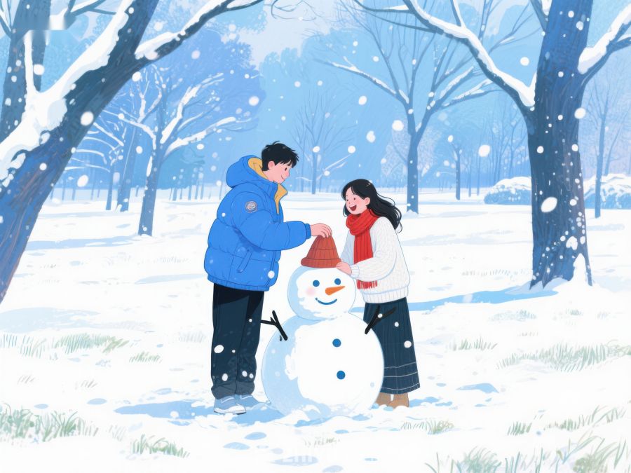 冬日雪景中两人堆雪人 138