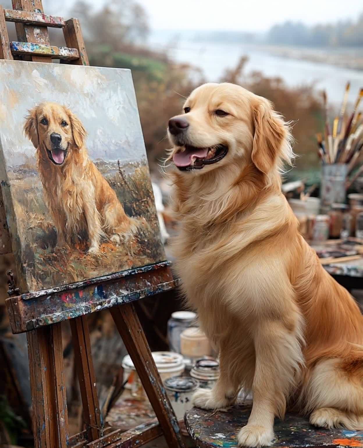 金毛犬与画作：艺术与忠诚的完美结合