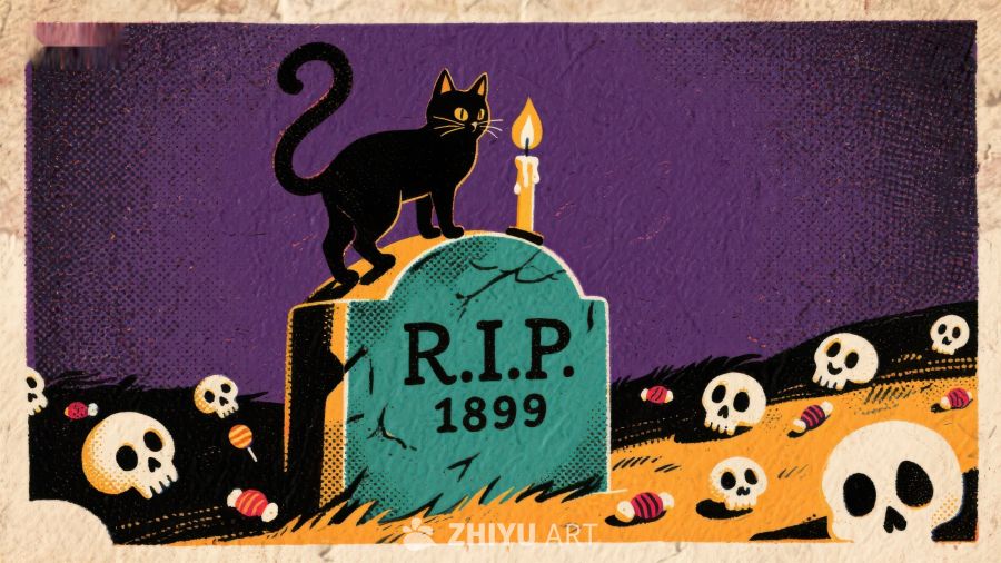 墓碑上的黑猫与骷髅