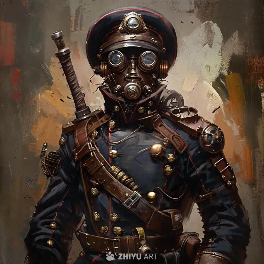 一个穿着蒸汽朋克风格士兵服装的人。他戴着一顶带有装