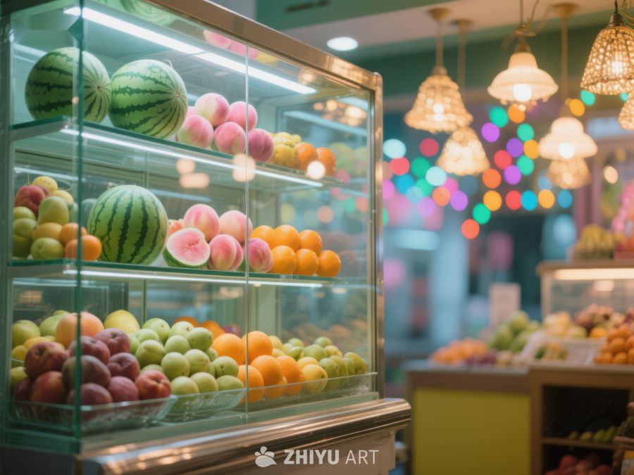 水果展示柜在温馨灯光下 577