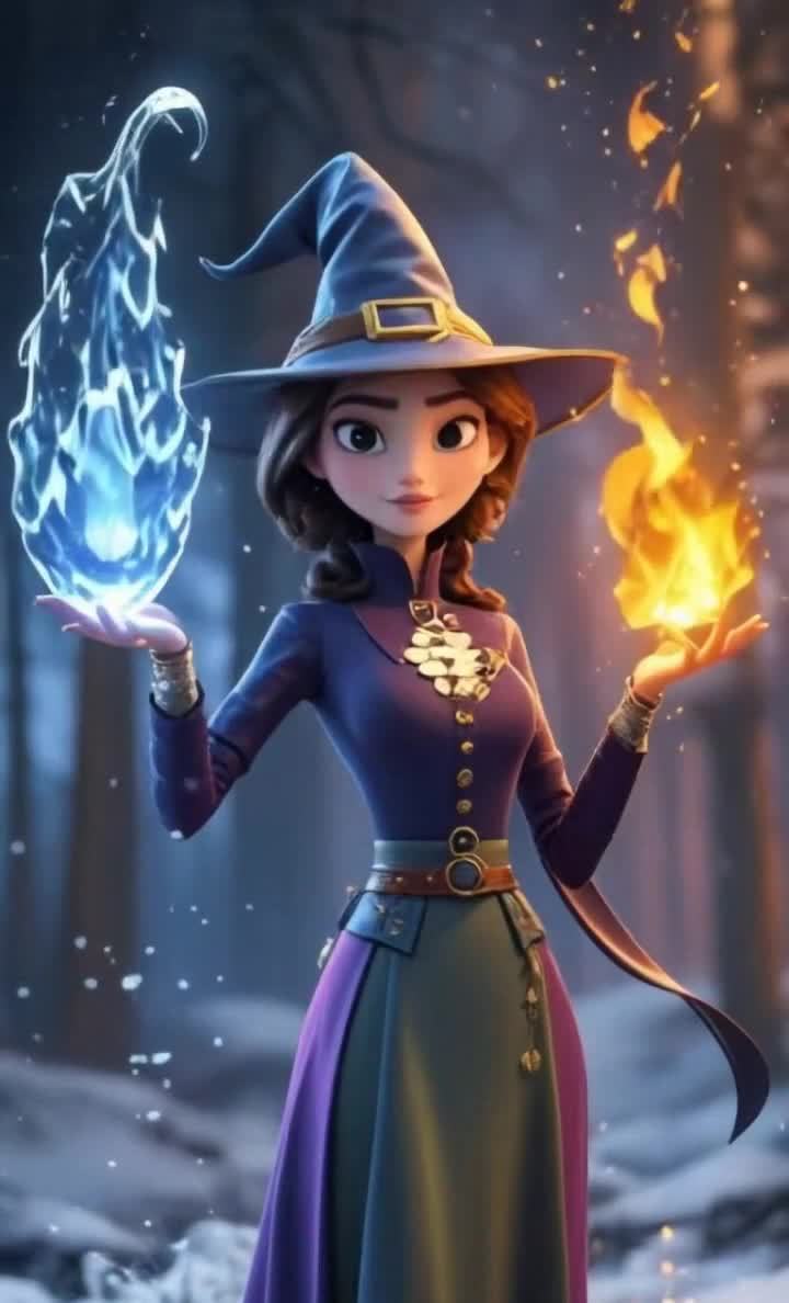 持火与冰魔法的女巫，雪景中展现神秘力量。
