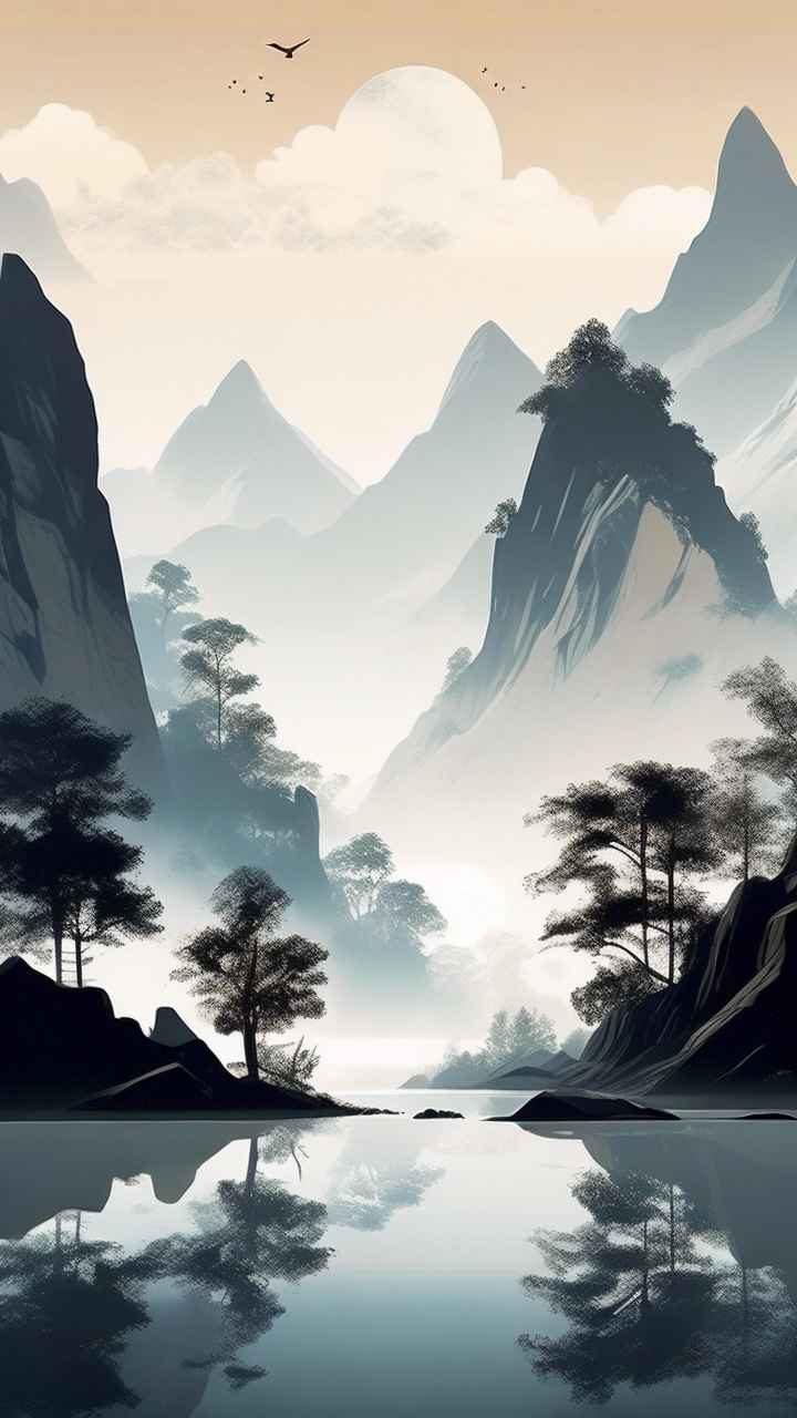 国风水彩画山水风景插画 2