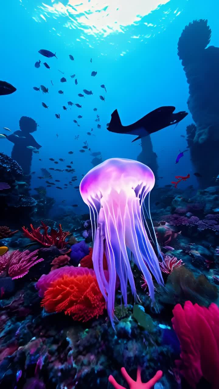 水下世界充满了奇幻的生物。前景是一只发光的水母状生