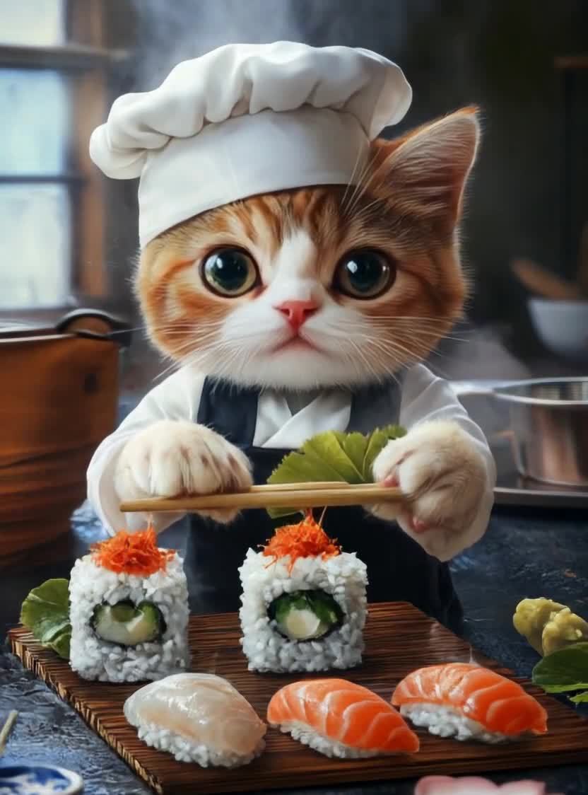 猫厨师制作寿司，美食与可爱完美结合