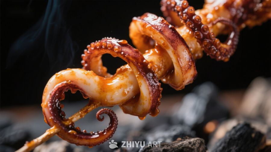 烤鱿鱼串，炭火上的美味