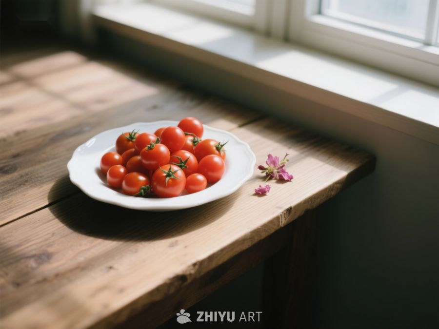 窗边木桌上摆放的樱桃番茄 118