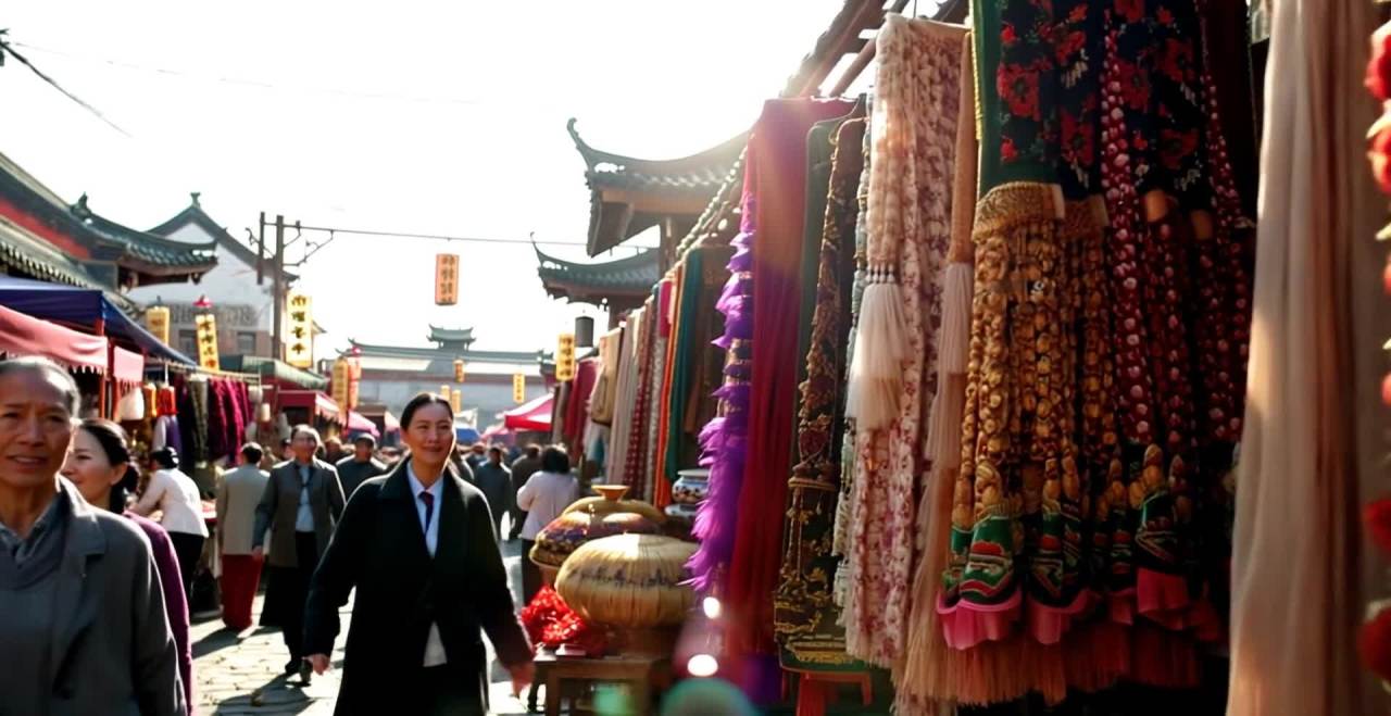 一个中国的市集中，摊位上摆放着各种商品，人们在其中