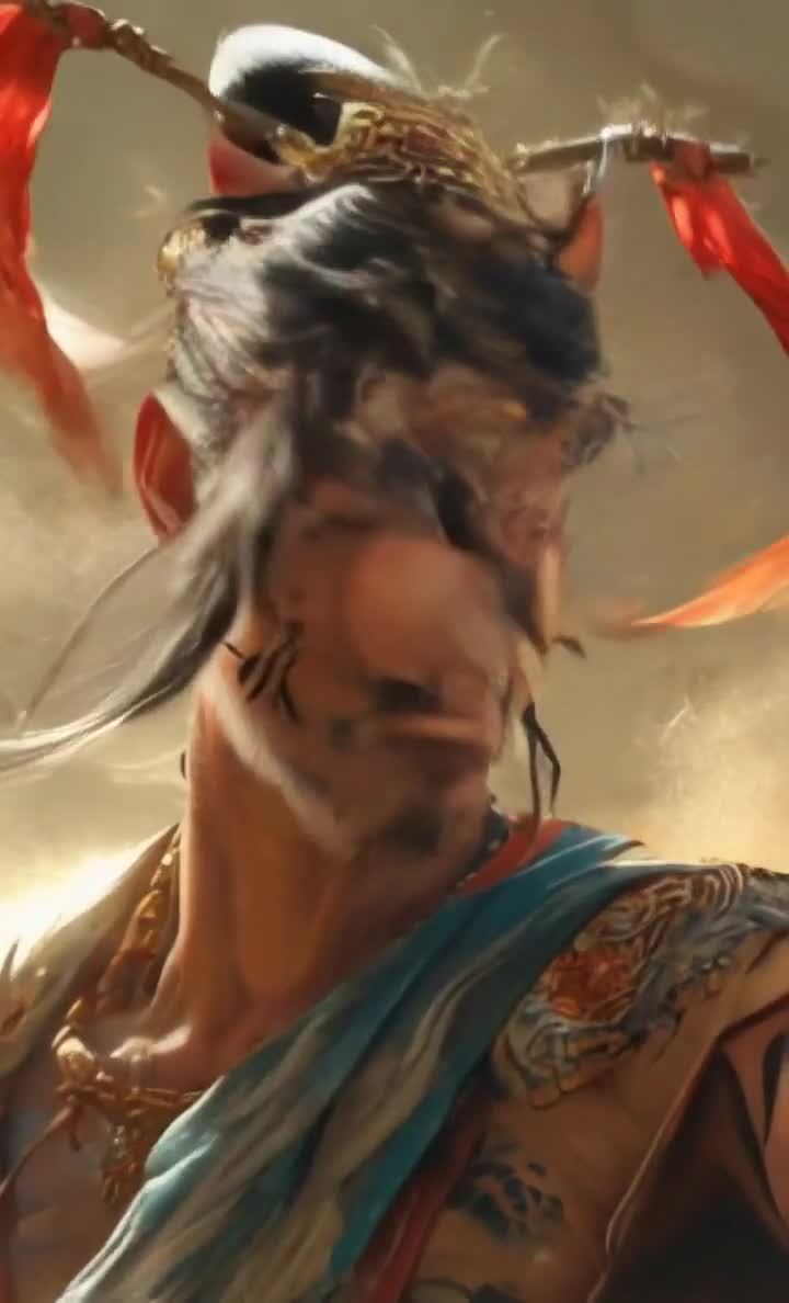 一个男人的特写镜头，面部有虎纹图案。他的头发梳成发