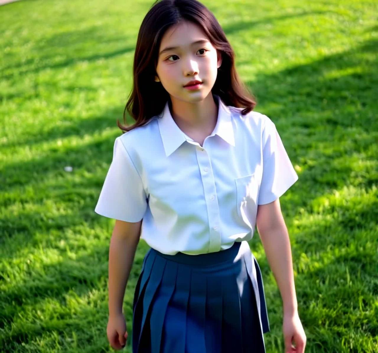 阳光下穿校服的年轻女孩，草地上的美丽身影