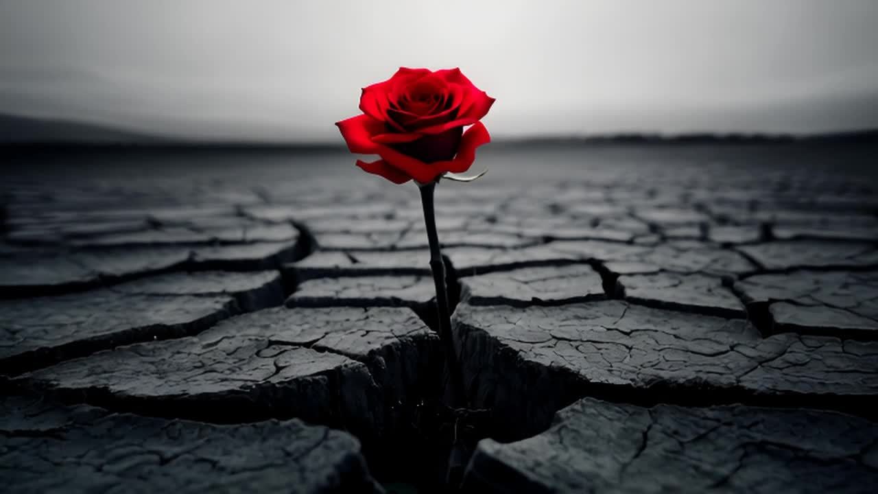 一朵红色的玫瑰花从黑色和白色的龟裂的土地中生长出来