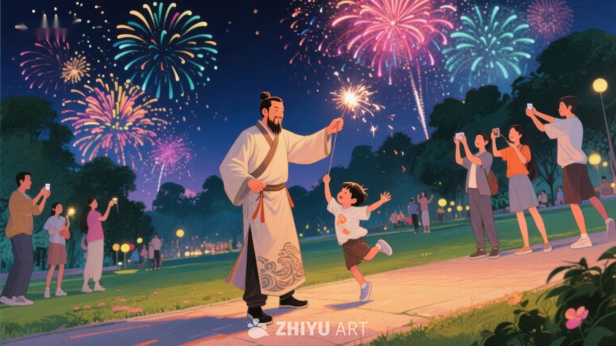 夜空烟花下，亲子共赏美景 1215