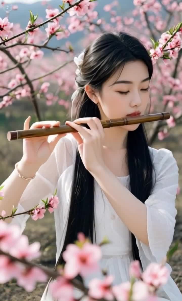 一位长发披肩的美女在开满粉色花朵的树下吹奏竹笛。美