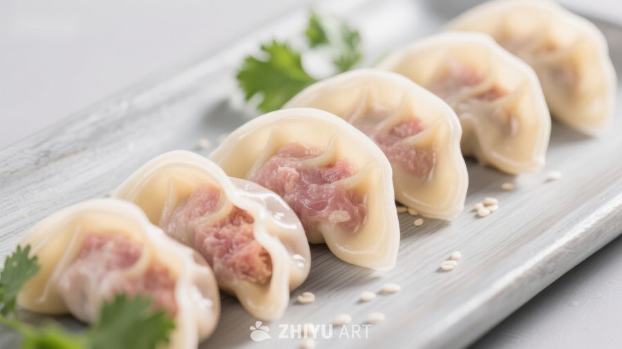 精致饺子排列在木质托盘上