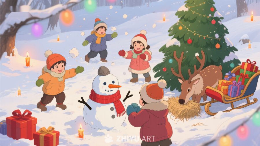 冬日雪地里的欢乐圣诞场景 21