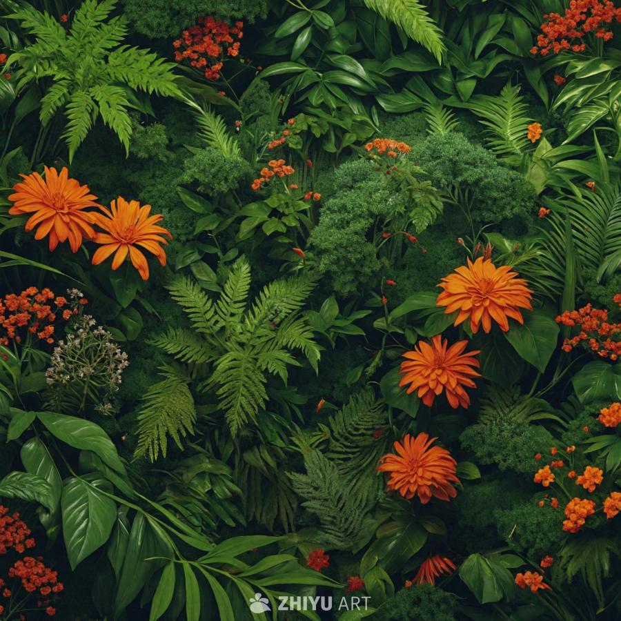 墙纸上布满了茂盛的绿色植物，其中点缀着各种鲜艳的花