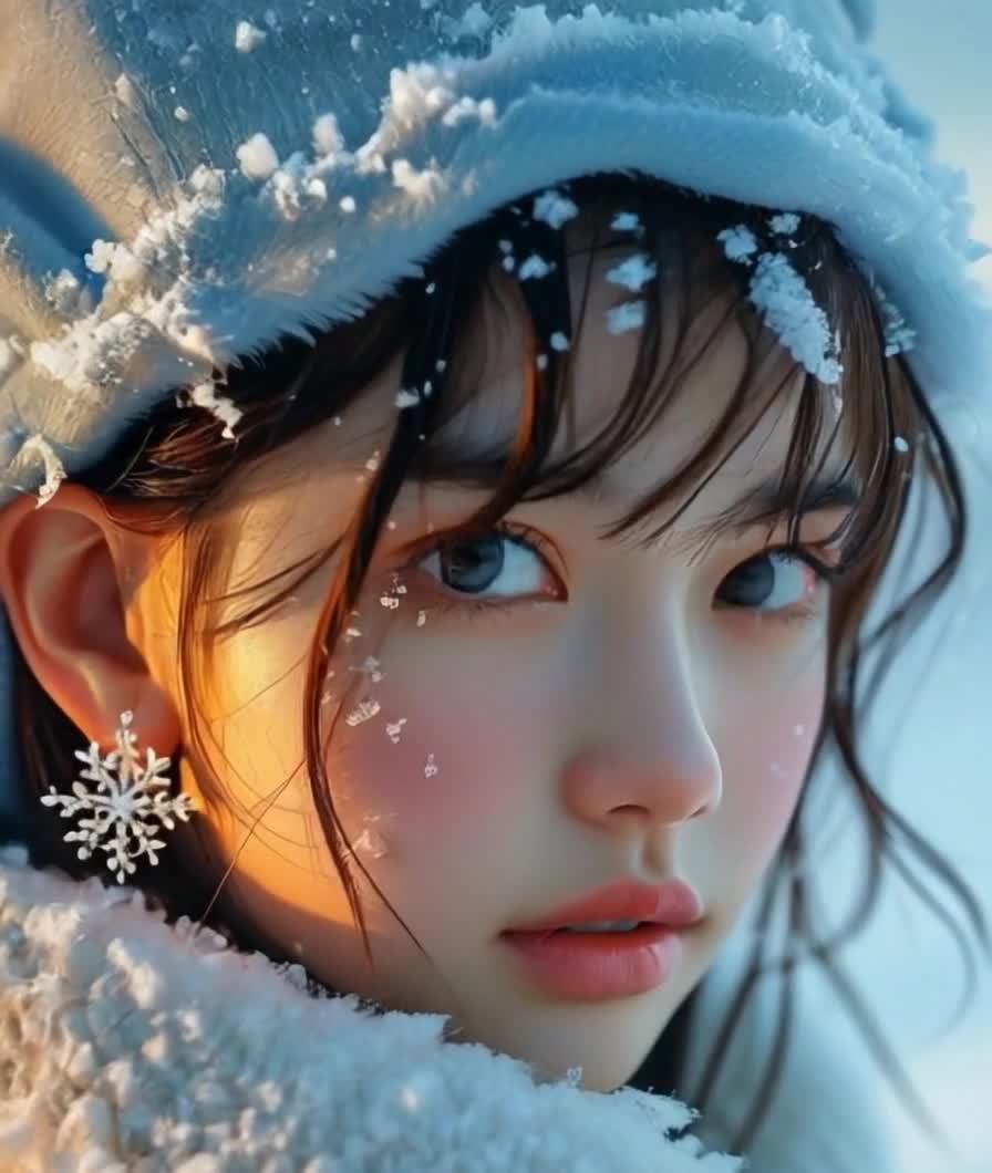 戴雪帽的女孩特写：雪花妆容、雪花耳环。